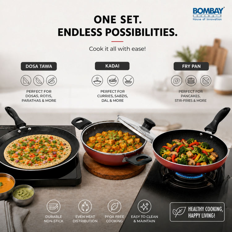 Non-Stick 4 Pcs Gift Set | Dosa Tawa 25.5 cm | Kadai 1.8 L | Fry Pan 1 l | Glass Lid