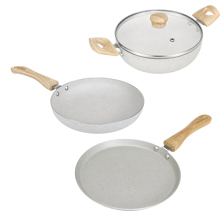 Majestic 4 Pcs Gift Set | Dosa Tawa 25.5 cm | Fry Pan 22 cm | Kadai 22 cm | Glass Lid