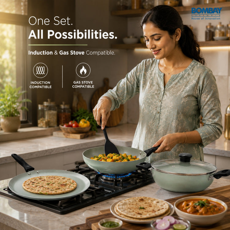 Non-Stick 4 Pcs Gift Set | Kadai | Fry Pan | Dosa Tawa 27.5 cm | Glass Lid | Induction Base