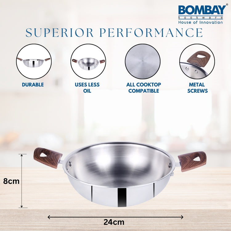 Triply Kadai 24 cm, With glass lid, Induction base