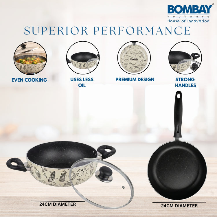 Kala Kruti  3 Pcs Gift Set | Fry Pan 24 cm | Kadai 24 cm | Glass Lid