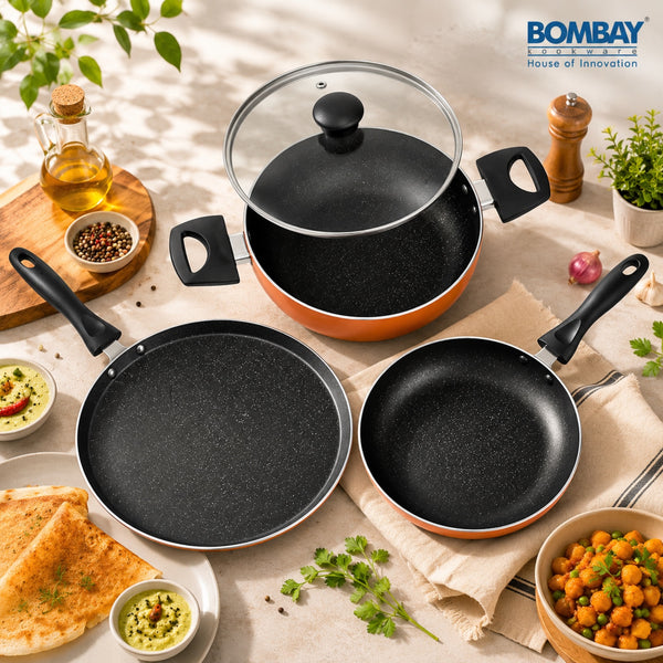 Non-Stick 4 Pcs Gift Set | Dosa Tawa 25 cm | Kadai 1.8 l | Fry Pan 1 L| Glass Lid | Induction Base | Copper Color