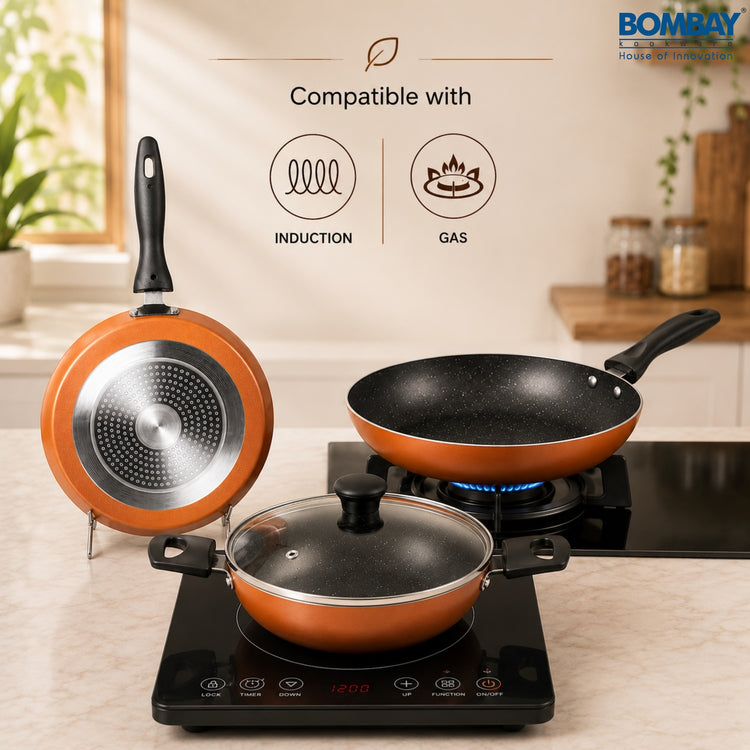 Non-Stick 4 Pcs Gift Set | Dosa Tawa 25 cm | Kadai 1.8 l | Fry Pan 1 L| Glass Lid | Induction Base | Copper Color