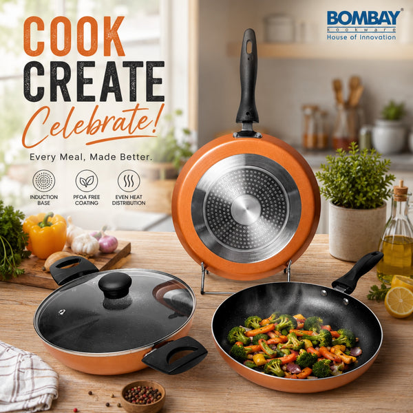 Non-Stick 4 Pcs Gift Set | Dosa Tawa 25 cm | Kadai 1.8 l | Fry Pan 1 L| Glass Lid | Induction Base | Copper Color