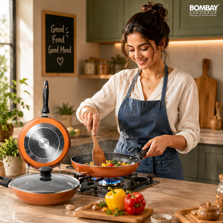 Non-Stick 4 Pcs Gift Set | Dosa Tawa 25 cm | Kadai 1.8 l | Fry Pan 1 L| Glass Lid | Induction Base | Copper Color