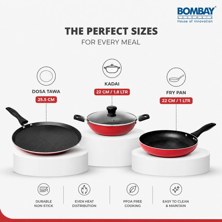 Non-Stick 4 Pcs Gift Set | Dosa Tawa 25.5 cm | Kadai 1.8 L | Fry Pan 1 l | Glass Lid