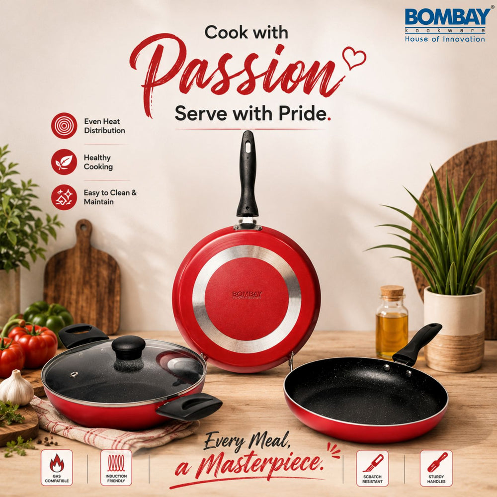 Non-Stick 4 Pcs Gift Set | Dosa Tawa 25.5 cm | Kadai 1.8 L | Fry Pan 1 l | Glass Lid