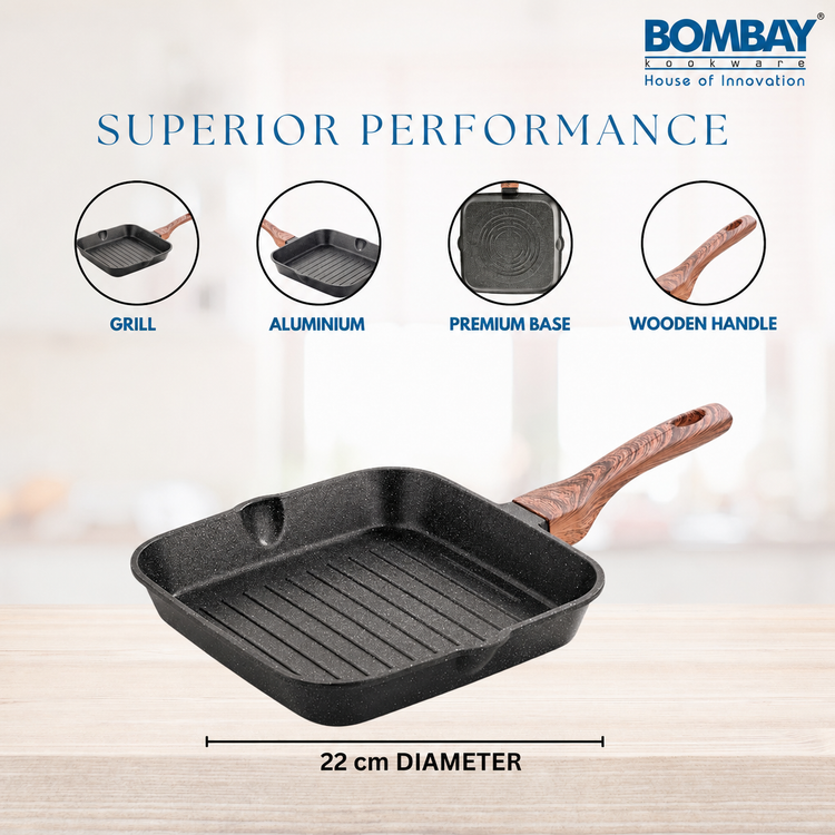 Non-Stick Grill Pan | 22 cm | Wooden Finish Handle