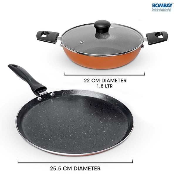 Non-Stick 3 Pcs Gift Set | Dosa Tawa 25 cm | Kadai 1.8 l | Glass Lid