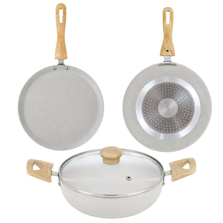 Majestic 4 Pcs Gift Set | Dosa Tawa 25.5 cm | Fry Pan 22 cm | Kadai 22 cm | Glass Lid