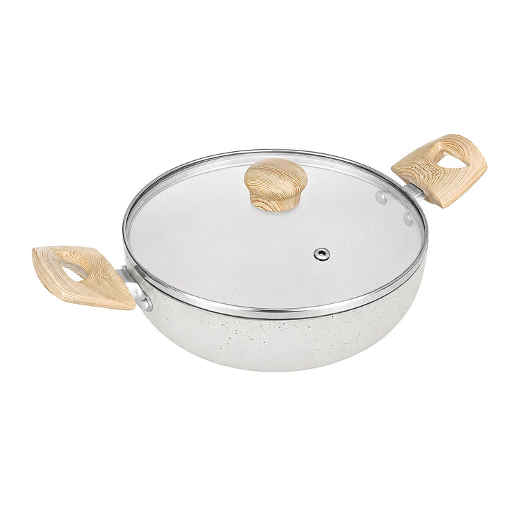 Majestic Non – Stick Kadai | 22 cm | Glass Lid | Wooden Finish Handle | Induction Base